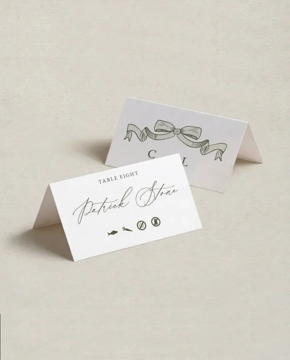 This is a 3½" x 2" Folded Wedding Place Card called Elegant Crest printed in full color on Premium Smooth paper