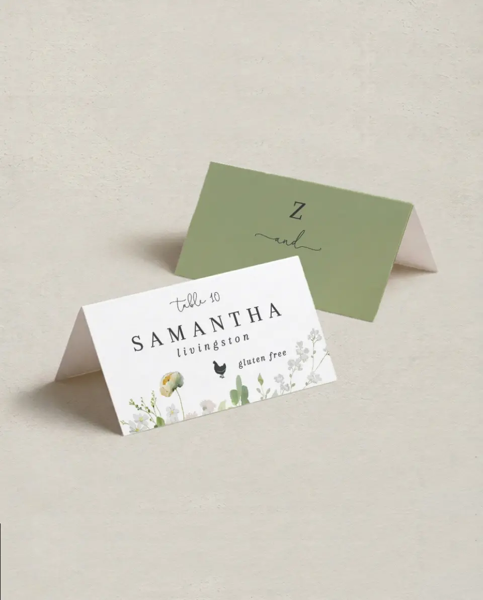 This is a 3½" x 2" Folded Wedding Place Card called The Zoey printed in full color on Premium Smooth paper