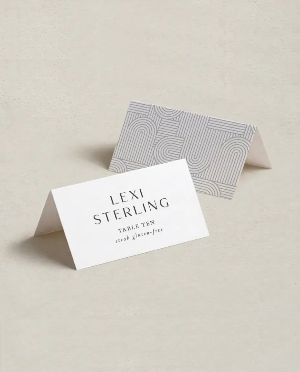 This is a 3½" x 2" Folded Wedding Place Card called Geometric Elegance printed in full color on Premium Smooth paper