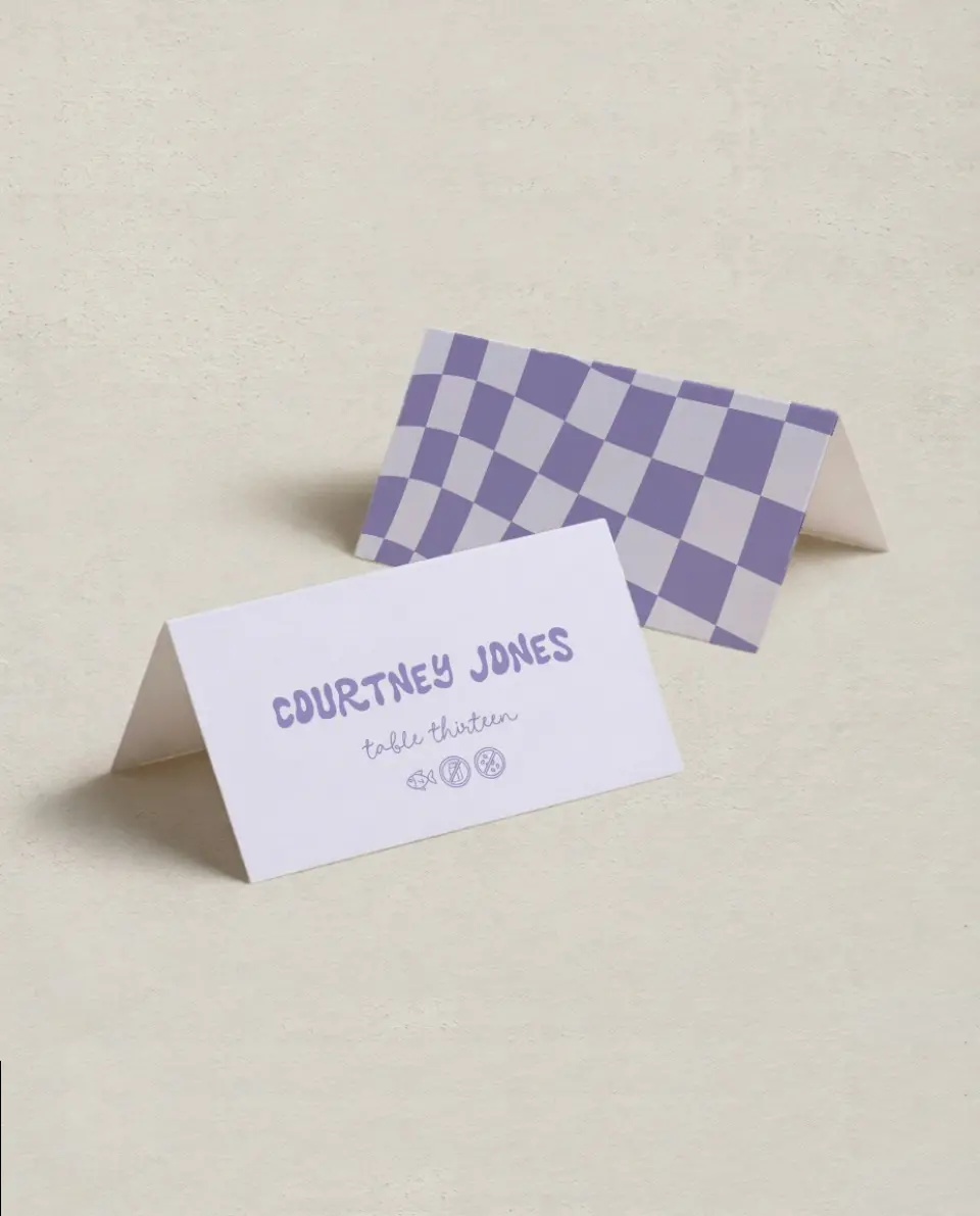 This is a 3½" x 2" Folded Wedding Place Card called The Karly printed in full color on Premium Smooth paper