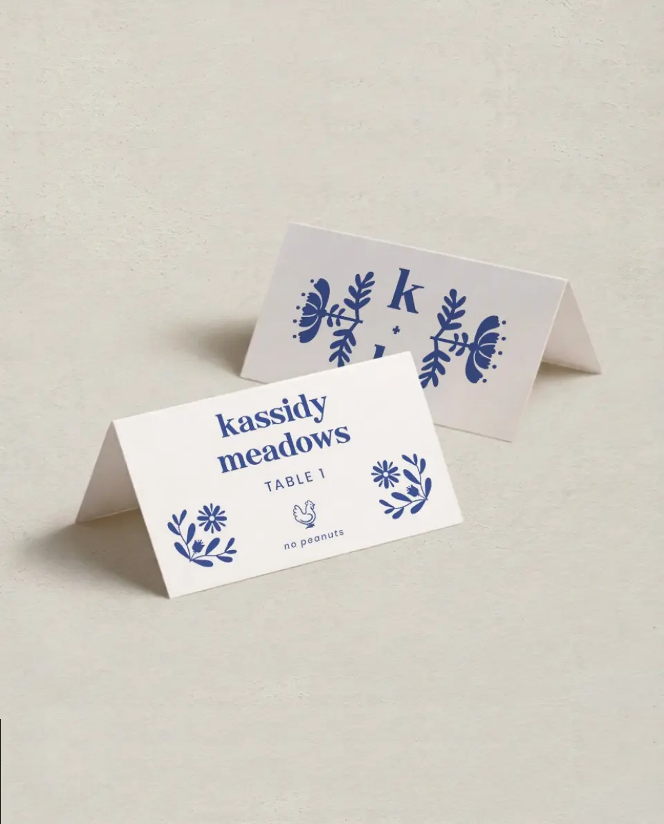 This is a 3½" x 2" Folded Wedding Place Card called The Kassidy printed in full color on Premium Smooth paper