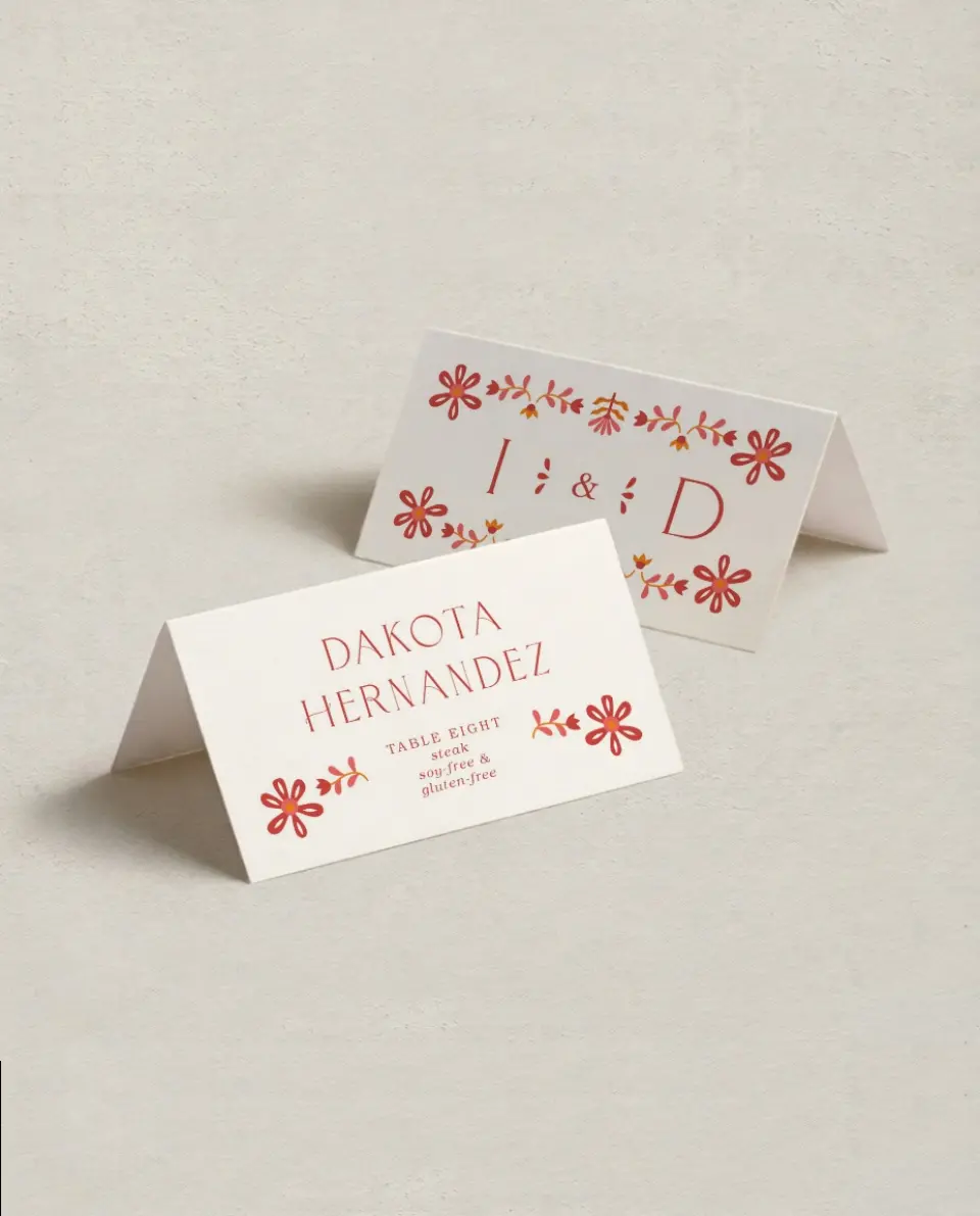 This is a 3½" x 2" Folded Wedding Place Card called Folk Fiesta printed in full color on Premium Smooth paper