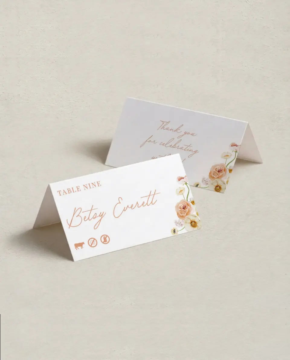 This is a 3½" x 2" Folded Wedding Place Card called Warm WIldflowers printed in full color on Premium Smooth paper