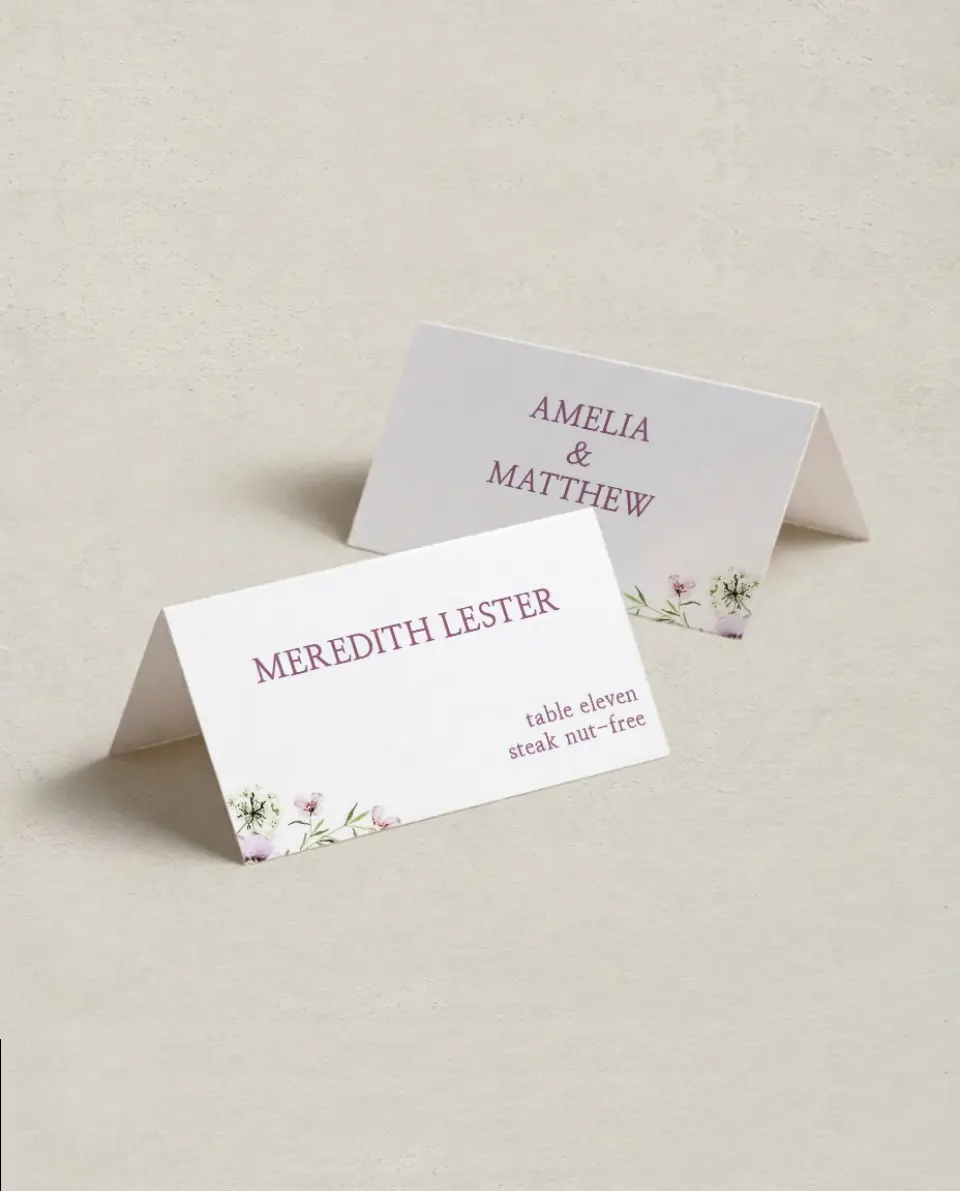 This is a 3½" x 2" Folded Wedding Place Card called Whimsy Fairytale printed in full color on Premium Smooth paper