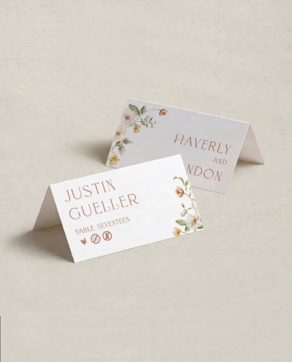 This is a 3½" x 2" Folded Wedding Place Card called Delicate Garden printed in full color on Premium Smooth paper