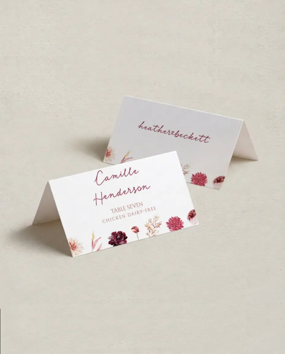 This is a 3½" x 2" Folded Wedding Place Card called Mauvelous printed in full color on Premium Smooth paper