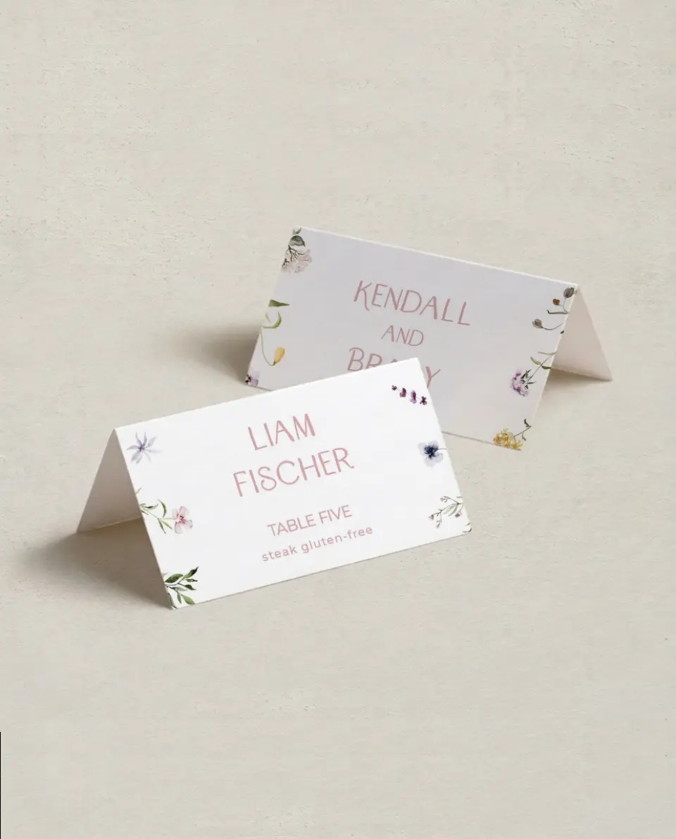 This is a 3½" x 2" Folded Wedding Place Card called Efflorescence printed in full color on Premium Smooth paper