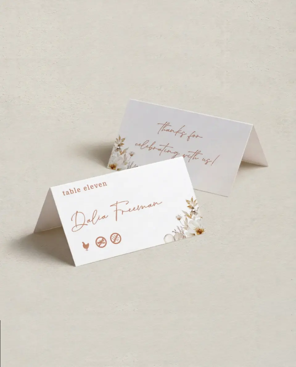 This is a 3½" x 2" Folded Wedding Place Card called Petal Perfect printed in full color on Premium Smooth paper