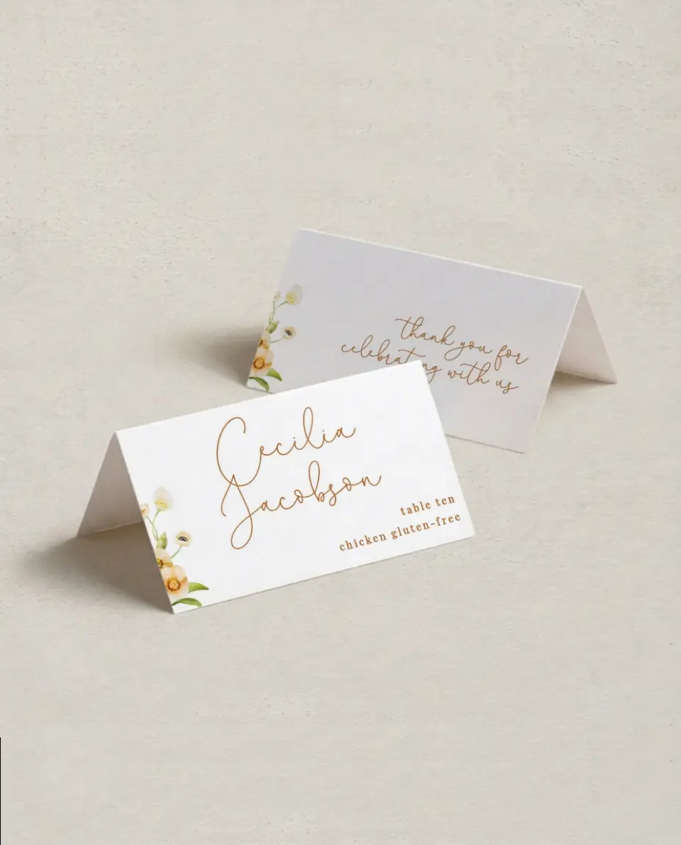 This is a 3½" x 2" Folded Wedding Place Card called Sultry Sunshine printed in full color on Premium Smooth paper