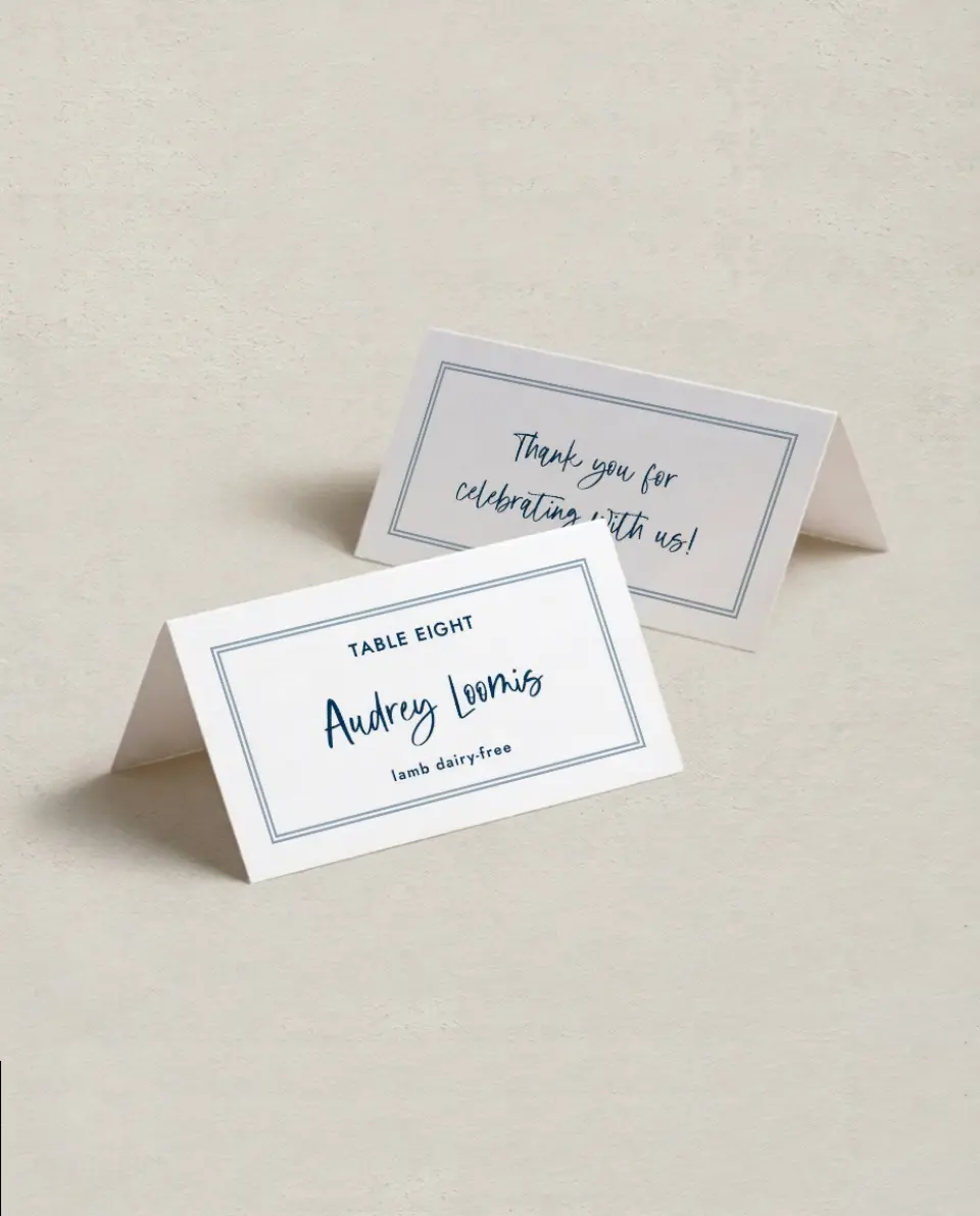 This is a 3½" x 2" Folded Wedding Place Card called Abundant Blue printed in full color on Premium Smooth paper