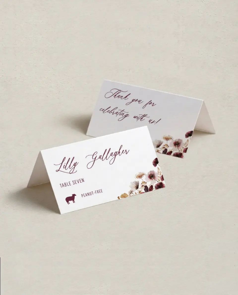 This is a 3½" x 2" Folded Wedding Place Card called Harvest Meadows printed in full color on Premium Smooth paper