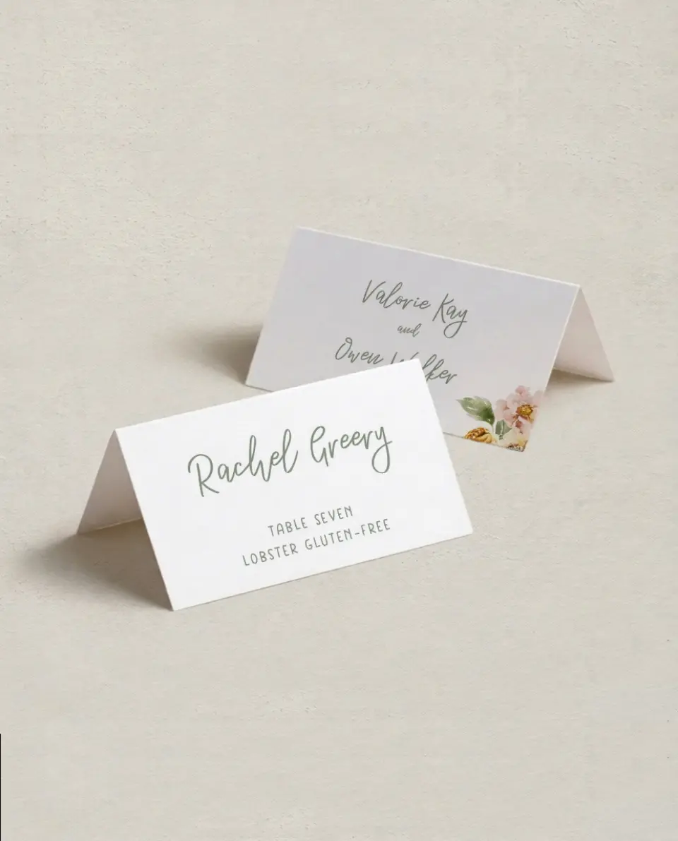 This is a 3½" x 2" Folded Wedding Place Card called Hopeful Floral printed in full color on Premium Smooth paper