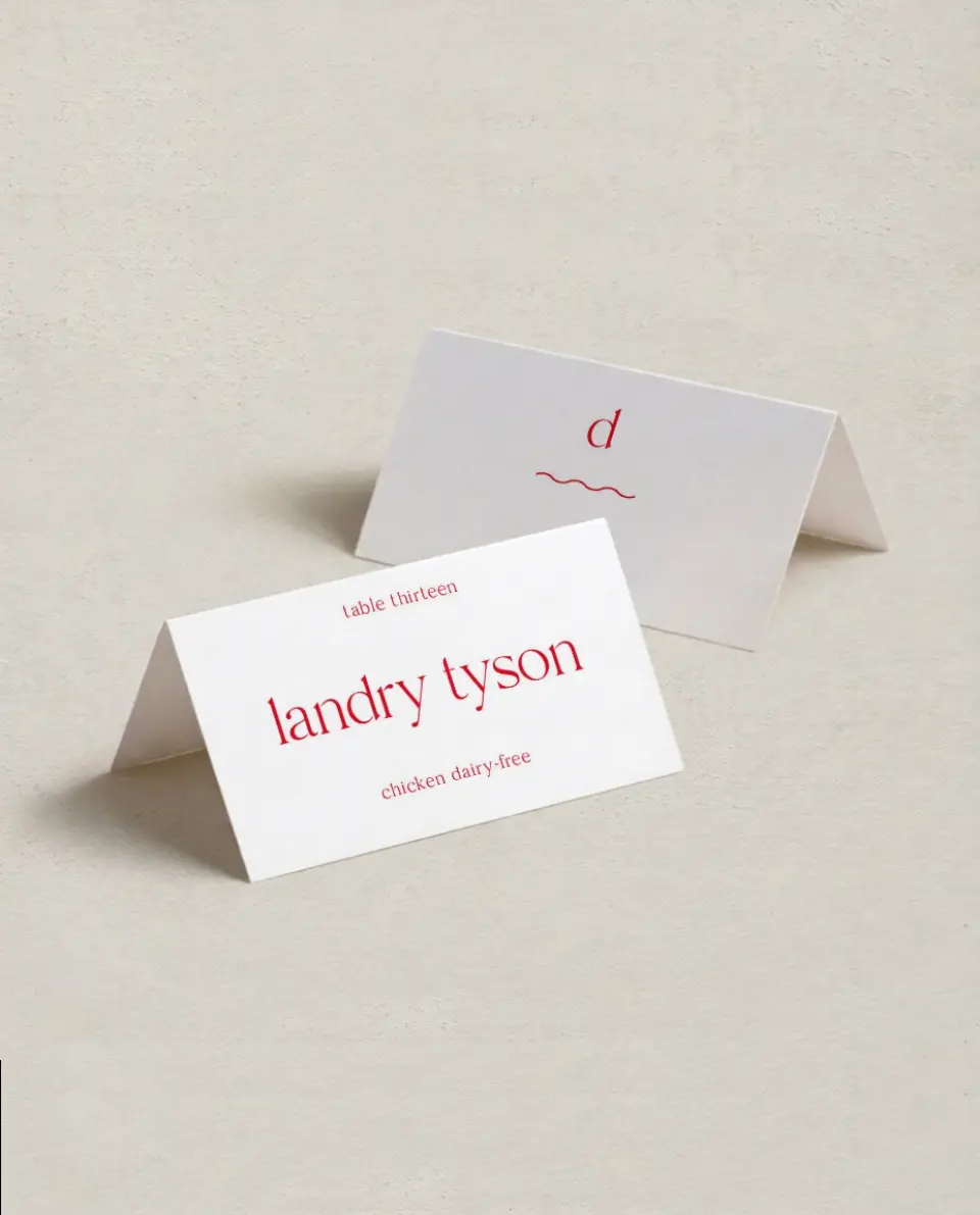 This is a 3½" x 2" Folded Wedding Place Card called The Delaney printed in full color on Premium Smooth paper