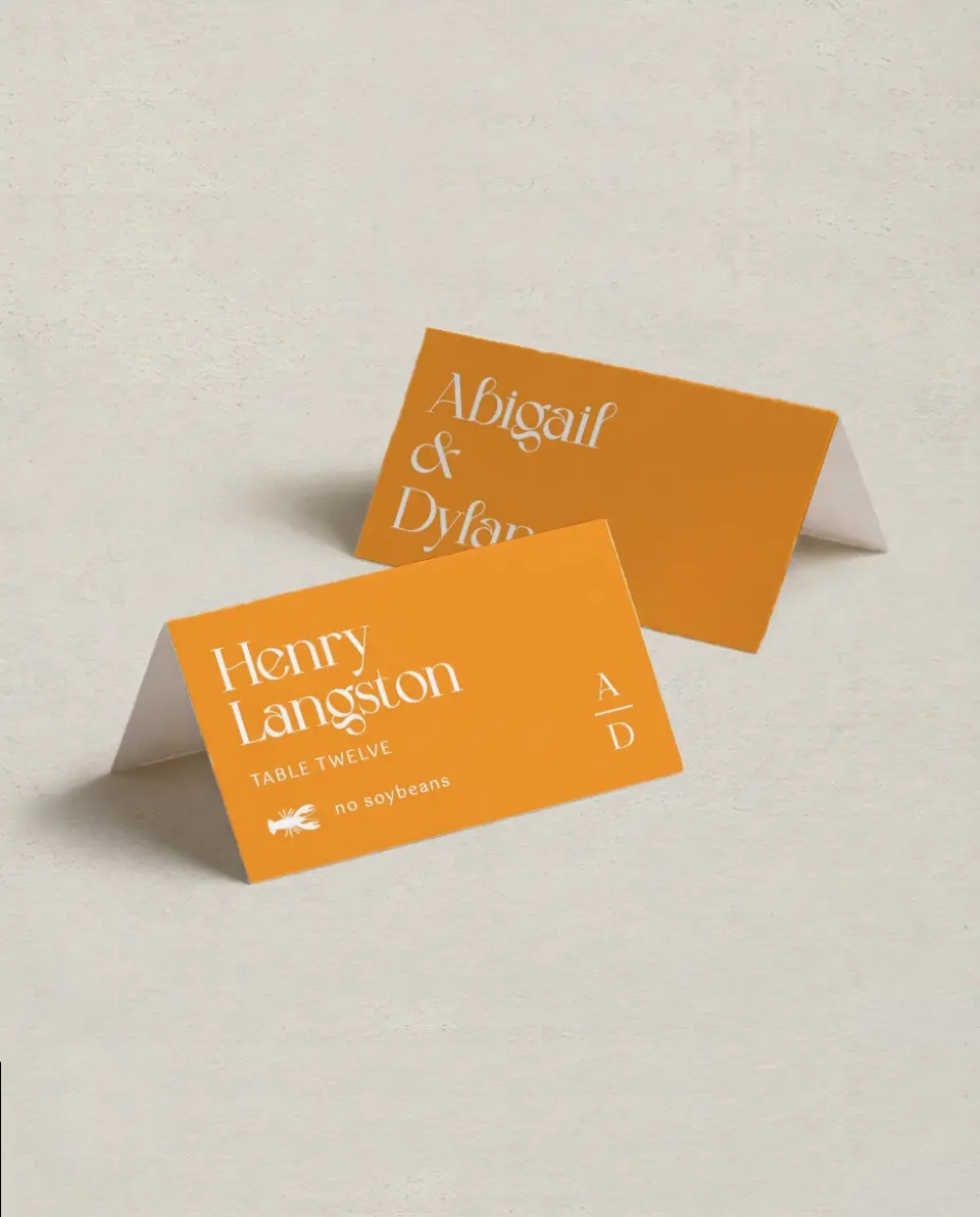 This is a 3½" x 2" Folded Wedding Place Card called The Abigail printed in full color on Premium Smooth paper