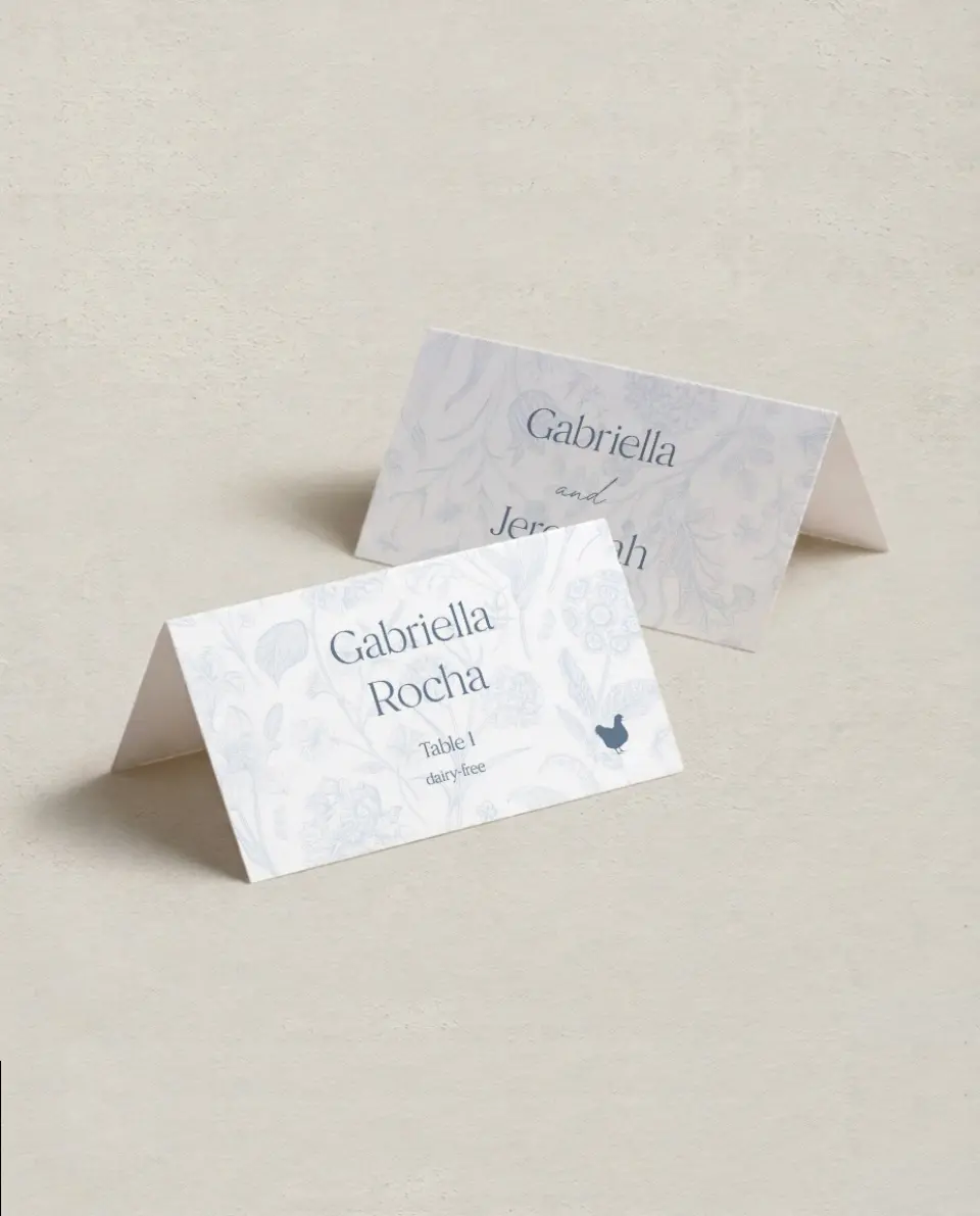 This is a 3½" x 2" Folded Wedding Place Card called The Gabriella printed in full color on Premium Smooth paper