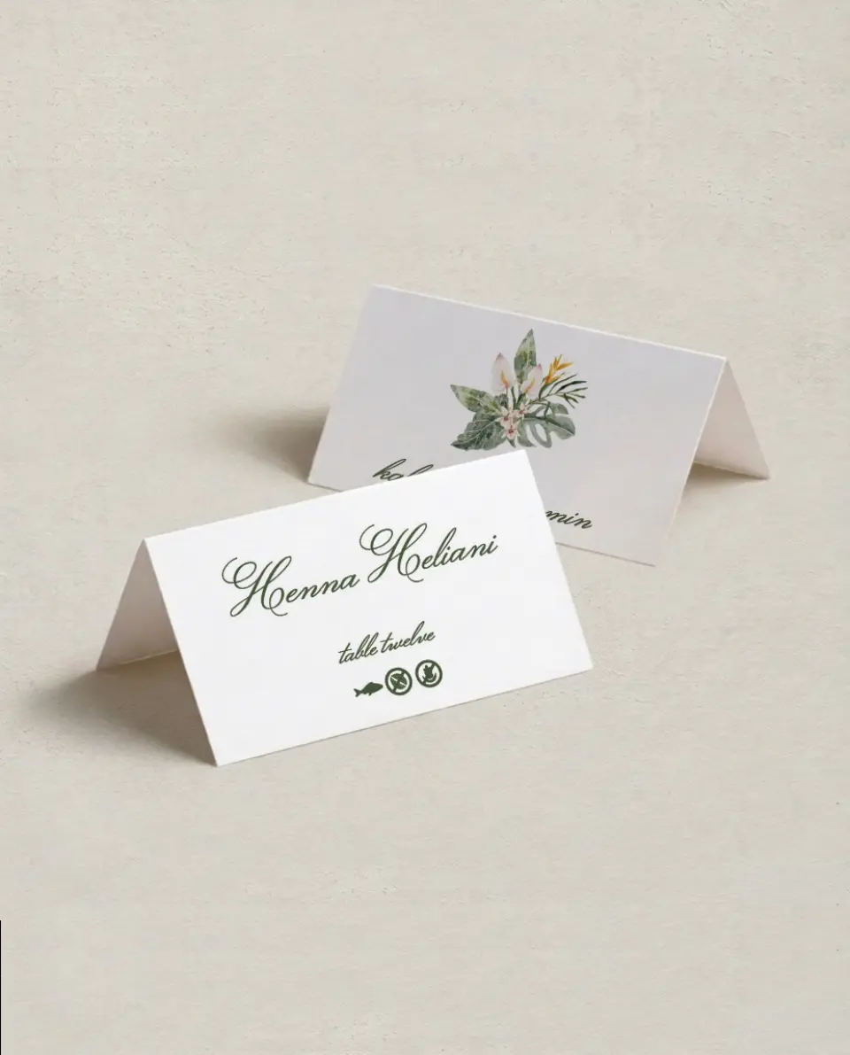 This is a 3½" x 2" Folded Wedding Place Card called Aloha Amore printed in full color on Premium Smooth paper