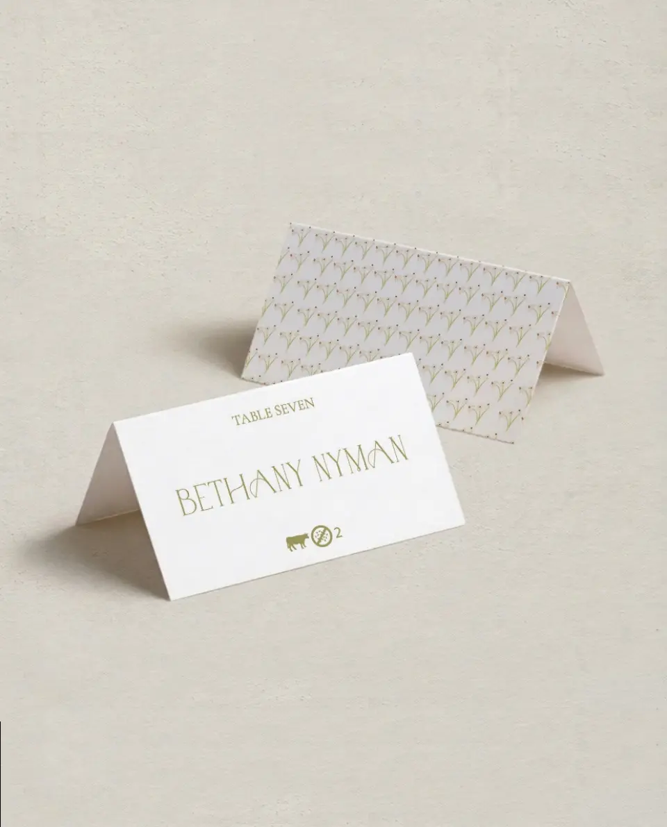 This is a 3½" x 2" Folded Wedding Place Card called Forever in Bloom printed in full color on Premium Smooth paper
