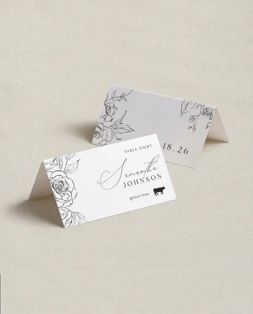 This is a 3½" x 2" Folded Wedding Place Card called The Anabelle printed in full color on Premium Smooth paper
