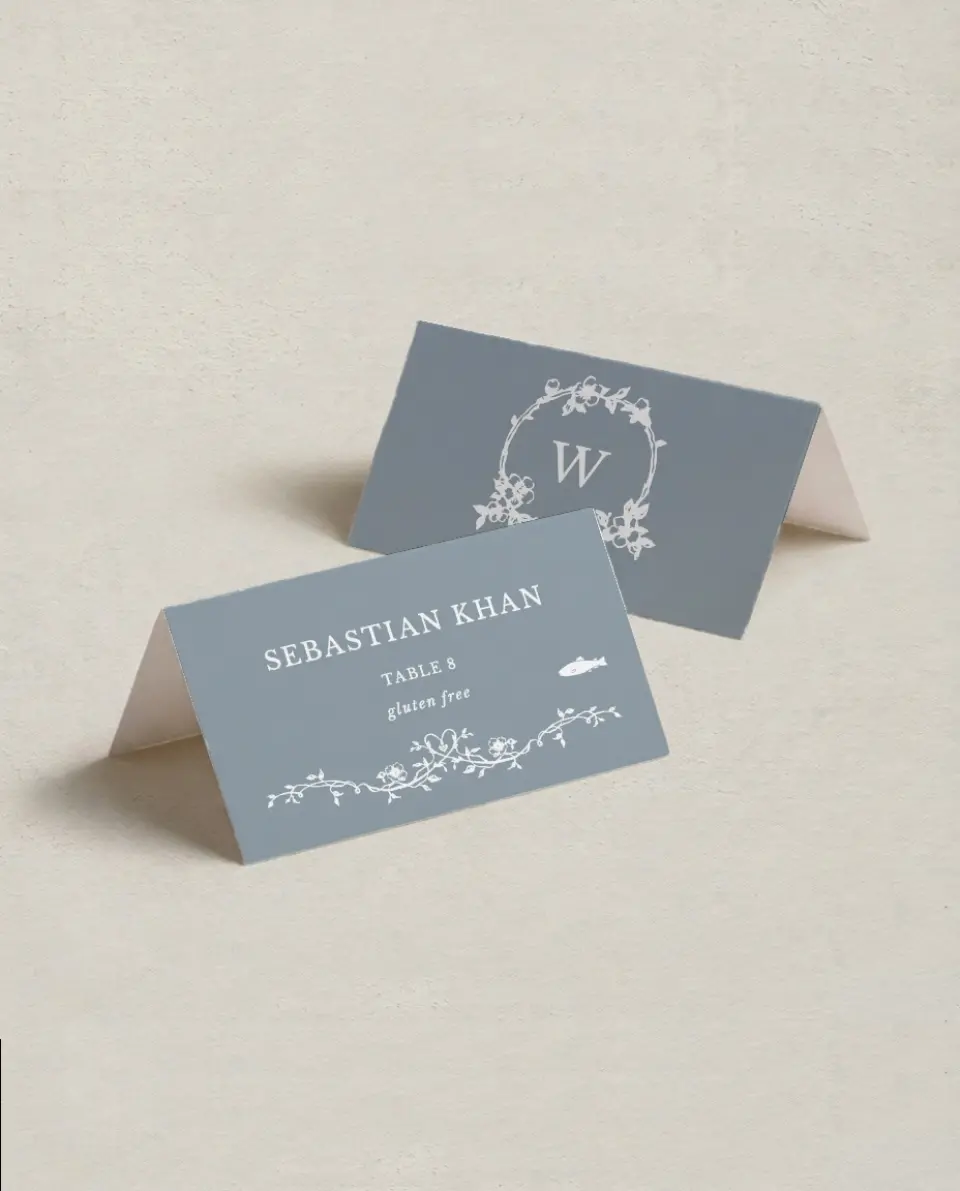 This is a 3½" x 2" Folded Wedding Place Card called Flowering Frame printed in full color on Premium Smooth paper