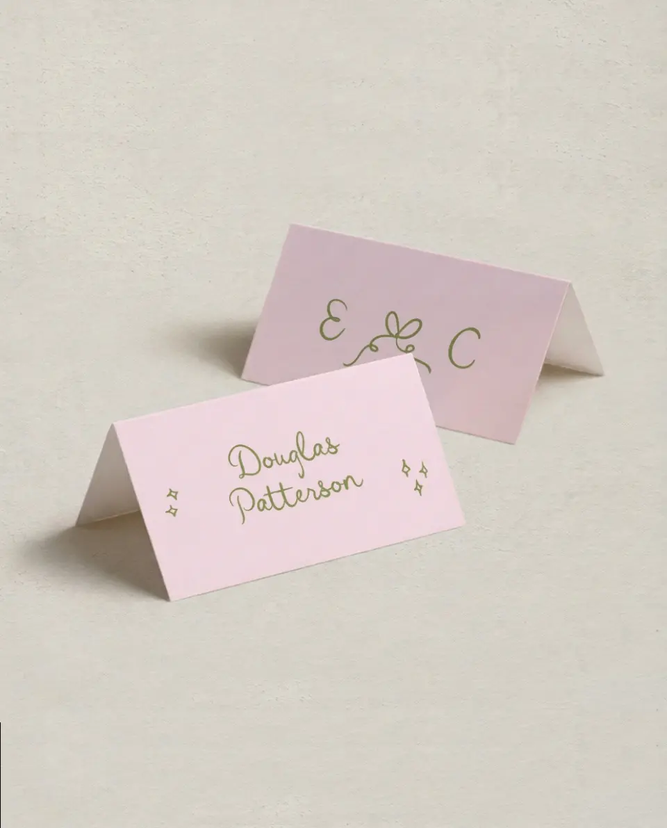 This is a 3½" x 2" Folded Wedding Place Card called Wedding Whimsy printed in full color on Premium Smooth paper