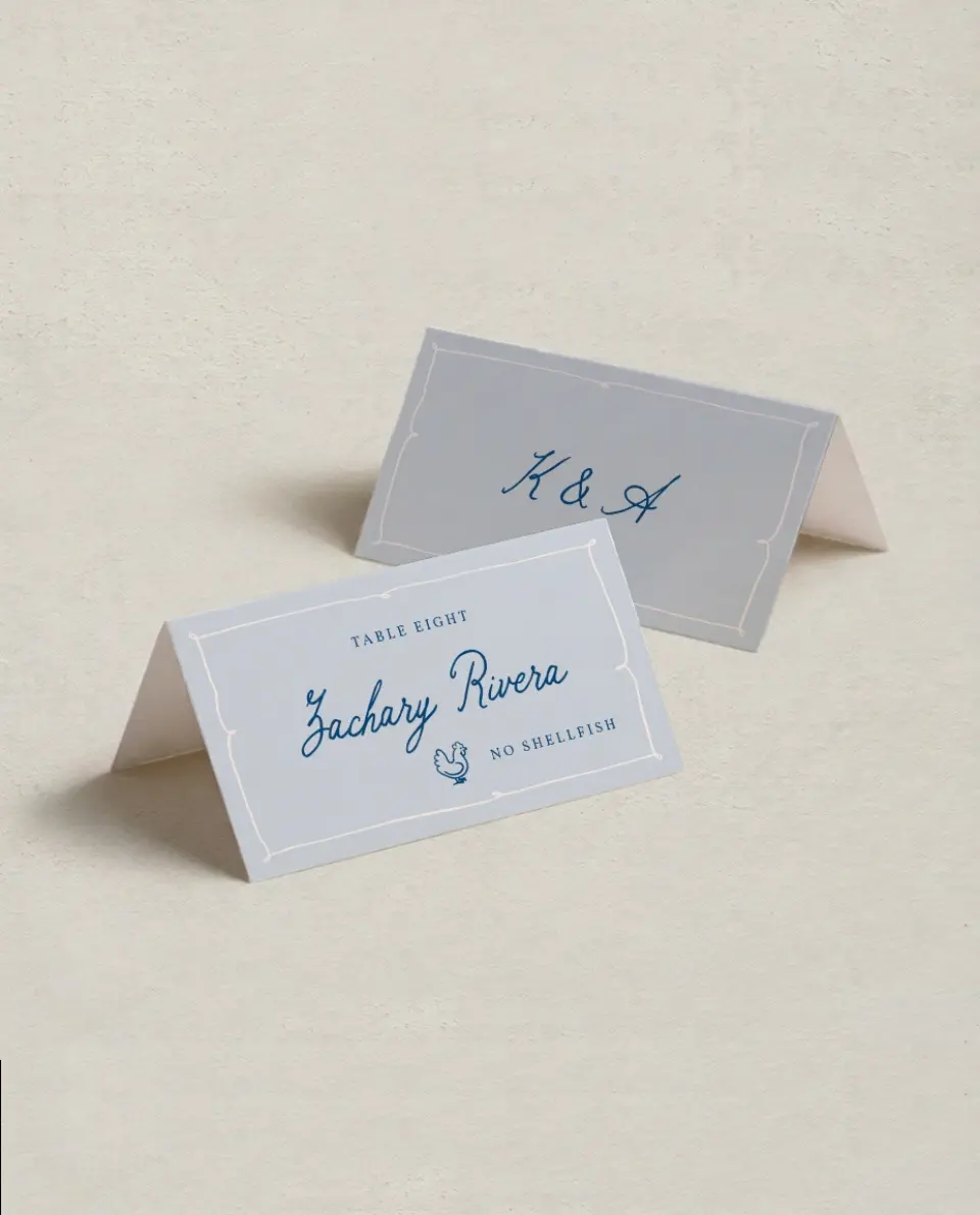 This is a 3½" x 2" Folded Wedding Place Card called The Kennedy printed in full color on Premium Smooth paper