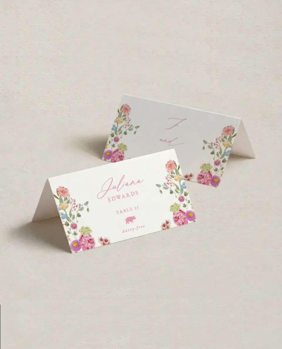 This is a 3½" x 2" Folded Wedding Place Card called The Florence printed in full color on Premium Smooth paper