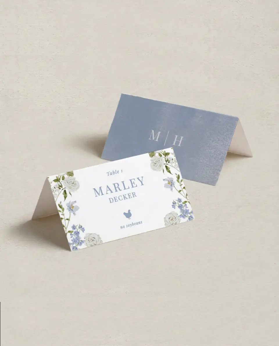 This is a 3½" x 2" Folded Wedding Place Card called Blue Blossoms printed in full color on Premium Smooth paper