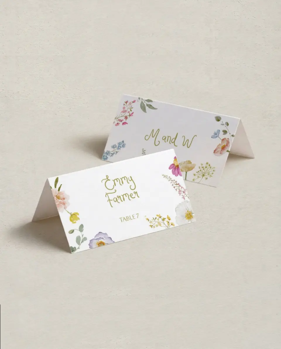 This is a 3½" x 2" Folded Wedding Place Card called Whimsical Garden printed in full color on Premium Smooth paper
