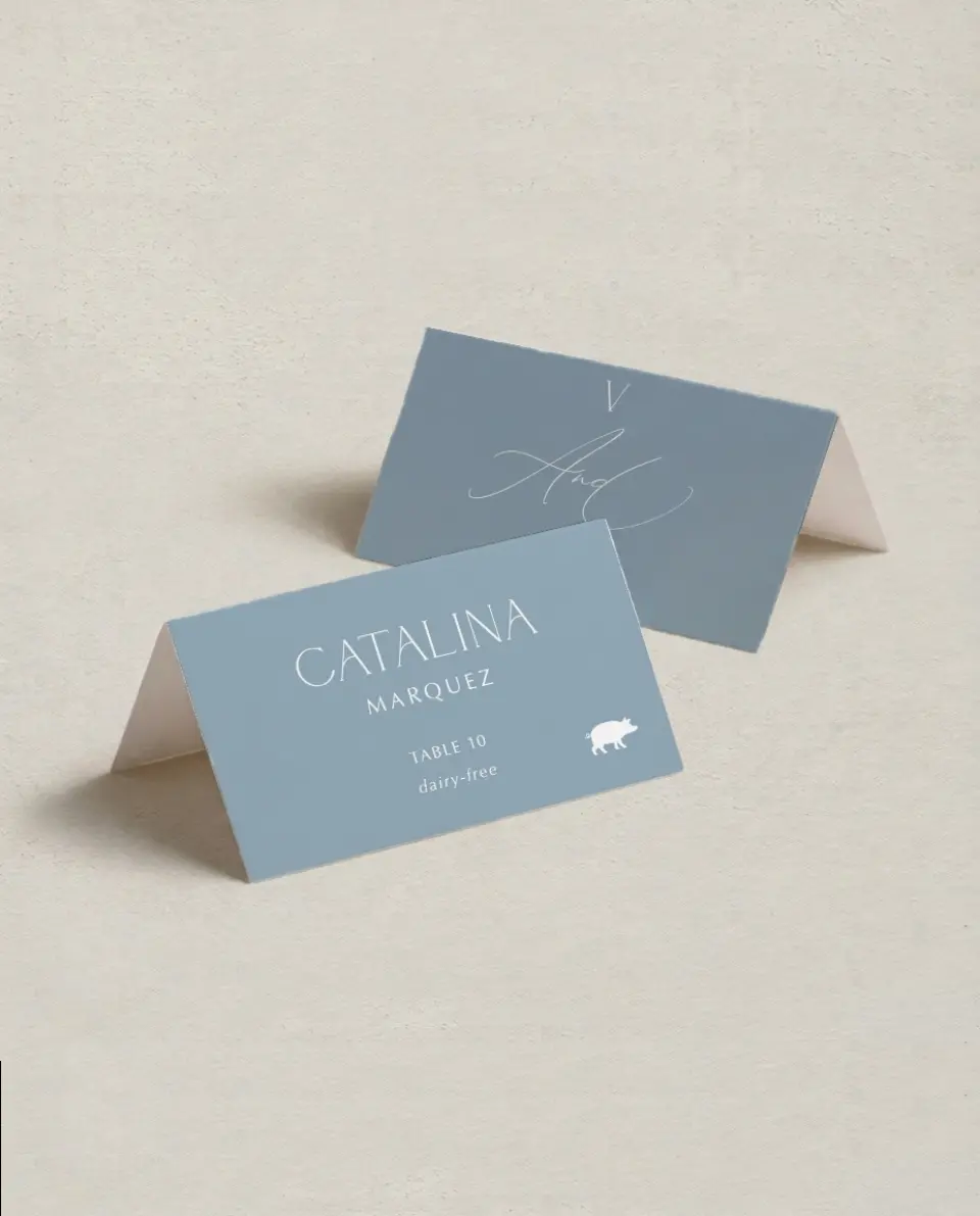 This is a 3½" x 2" Folded Wedding Place Card called The Victoria printed in full color on Premium Smooth paper