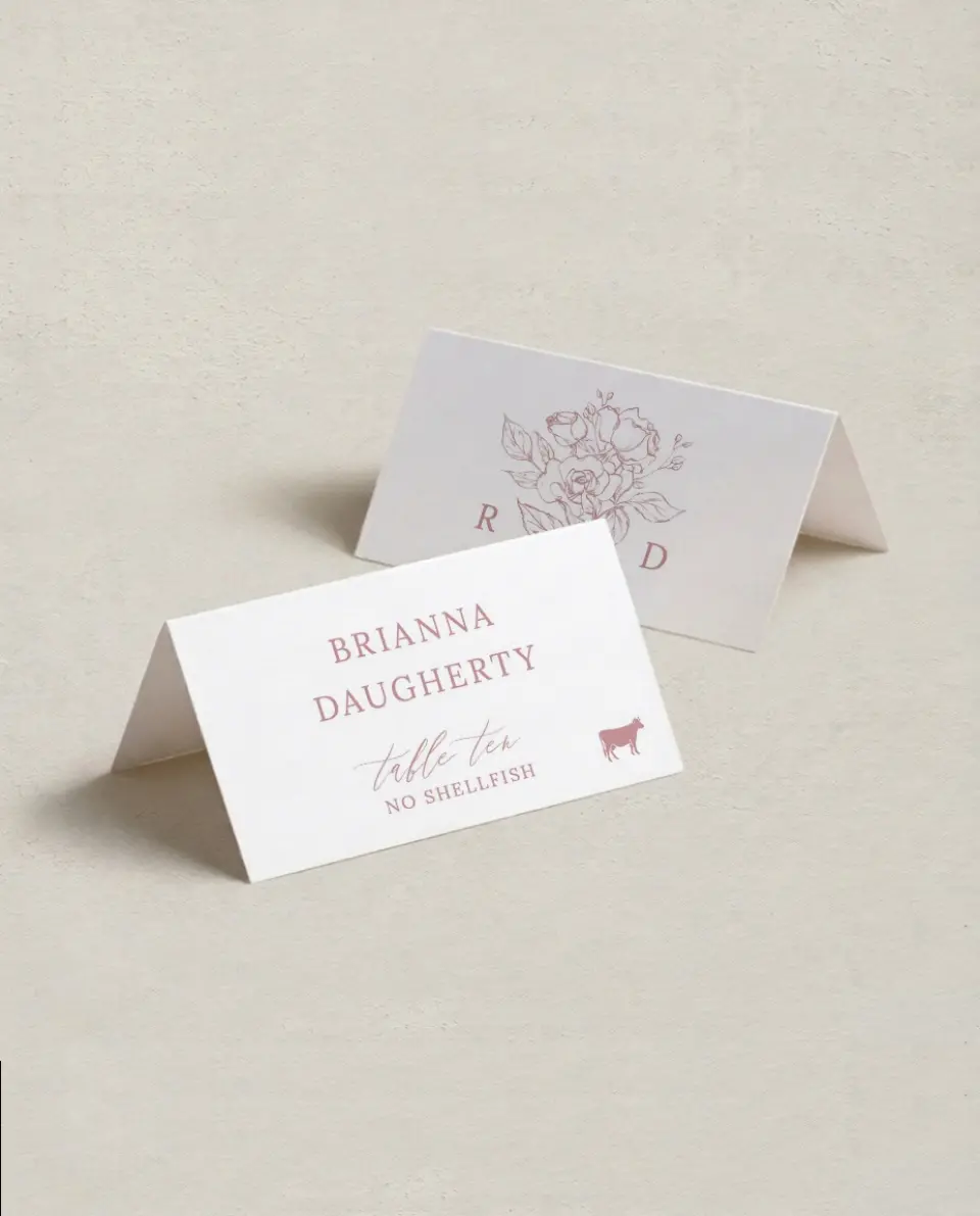 This is a 3½" x 2" Folded Wedding Place Card called Blushing Rose printed in full color on Premium Smooth paper