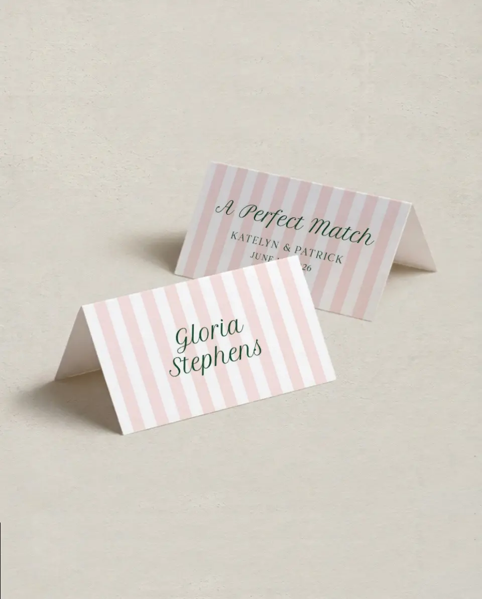 This is a 3½" x 2" Folded Wedding Place Card called A Perfect Match printed in full color on Premium Smooth paper