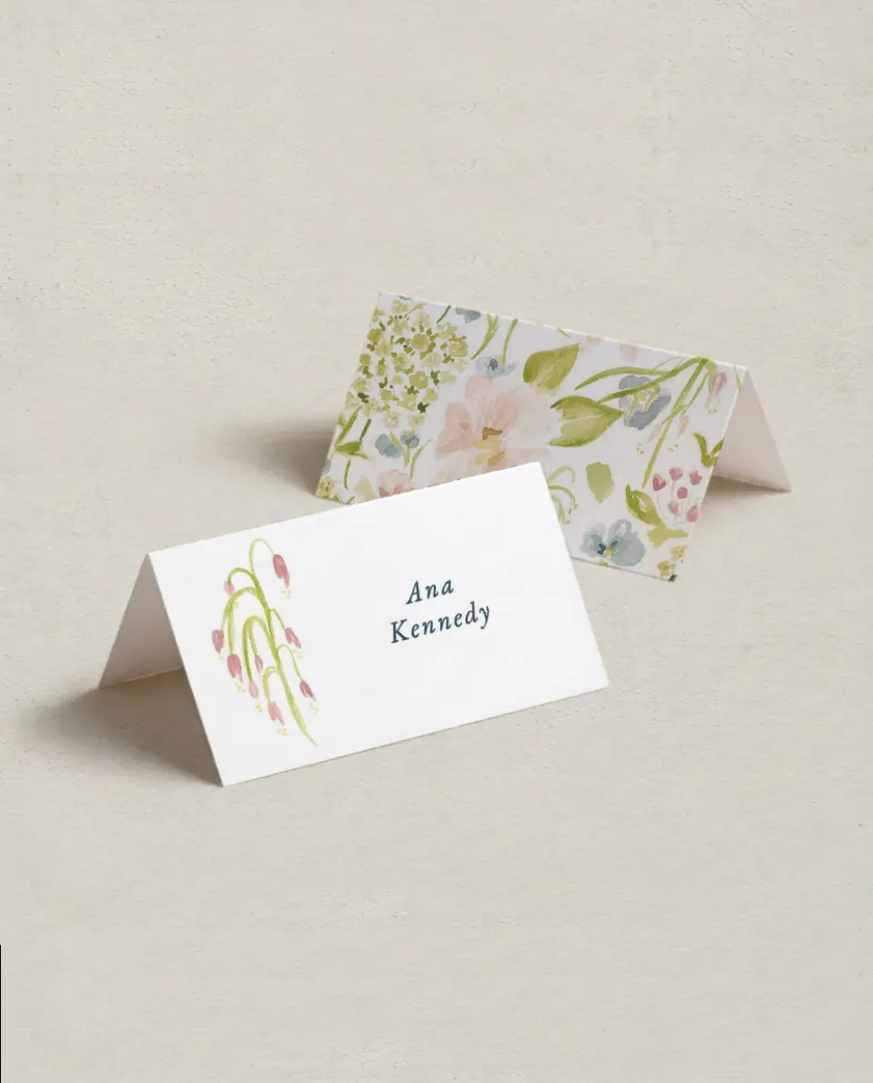This is a 3½" x 2" Folded Wedding Place Card called Garden of Vows printed in full color on Premium Smooth paper