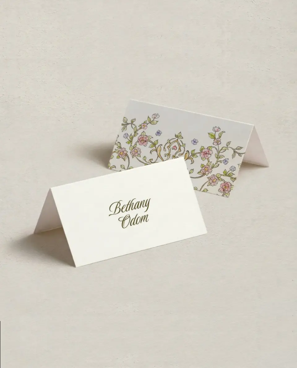 This is a 3½" x 2" Folded Wedding Place Card called Ever After printed in full color with Silver foil on Luxe Satin (coated) paper