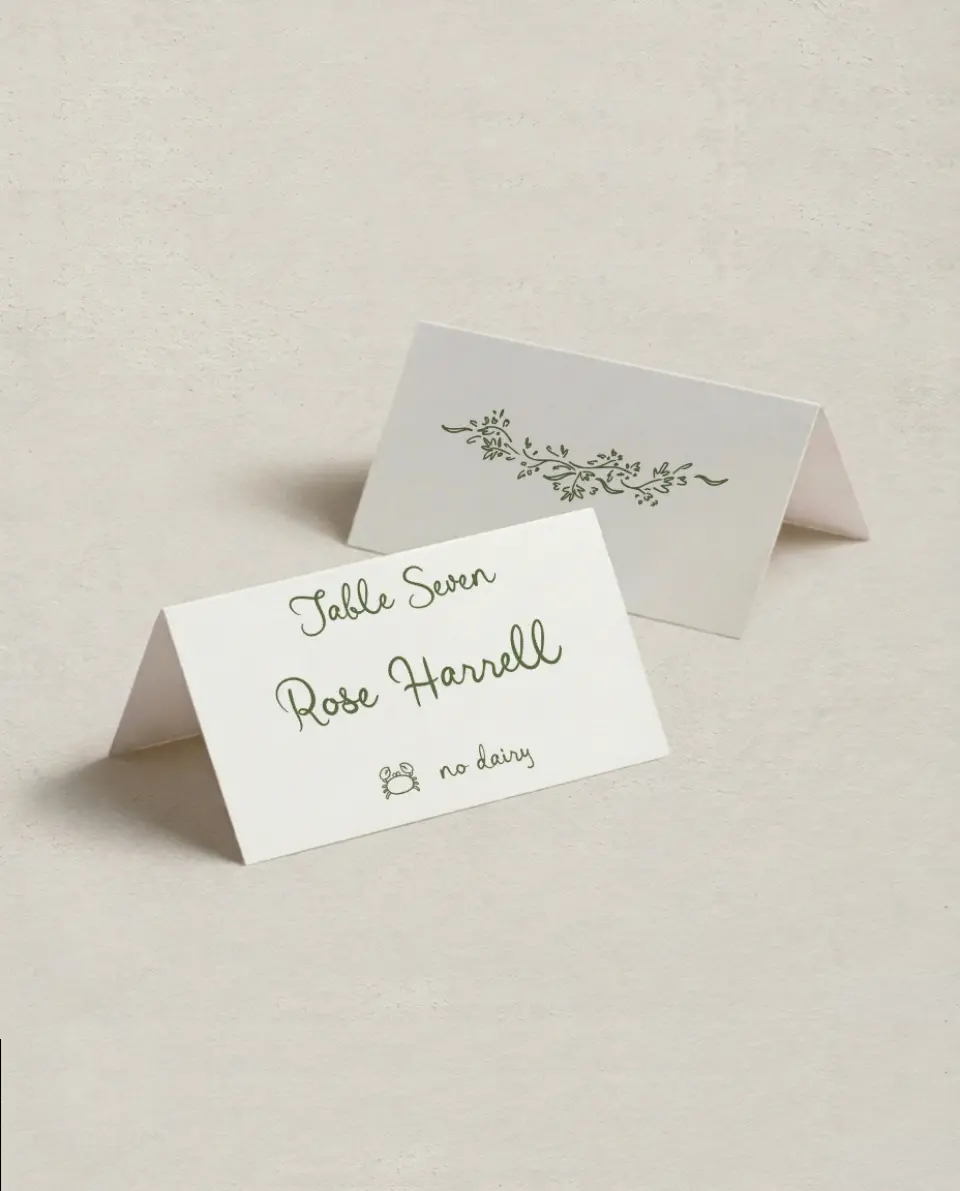 This is a 3½" x 2" Folded Wedding Place Card called Sweet Woodland printed in full color on Premium Smooth paper