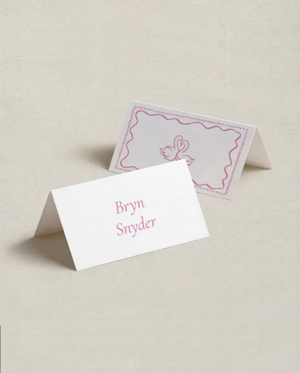 This is a 3½" x 2" Folded Wedding Place Card called Swan Love printed in full color on Premium Smooth paper