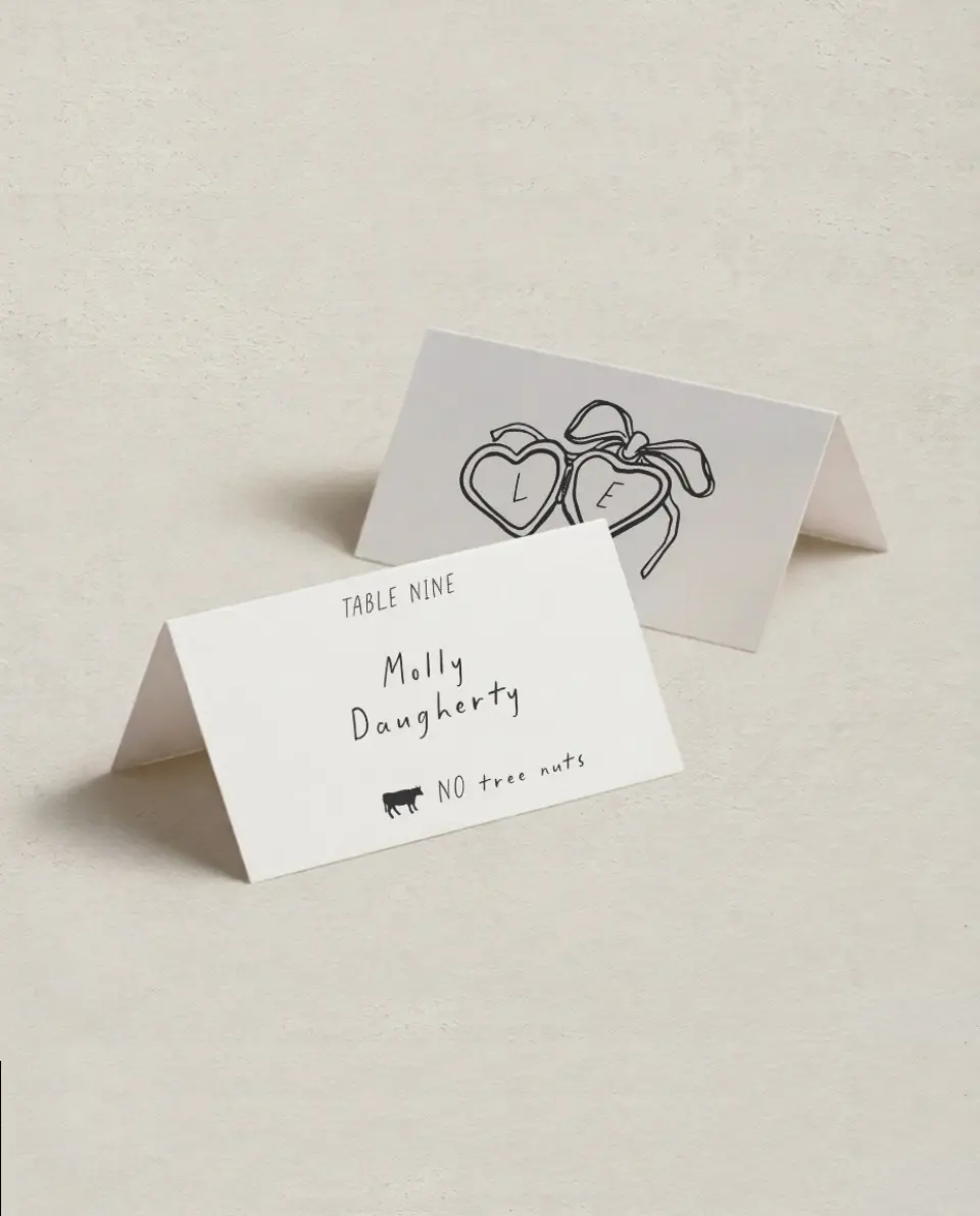 This is a 3½" x 2" Folded Wedding Place Card called Locket of Love printed in full color on Premium Smooth paper
