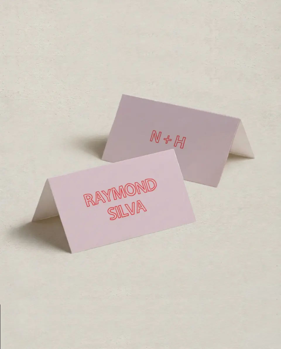 This is a 3½" x 2" Folded Wedding Place Card called Bold & Bright printed in full color on Premium Smooth paper