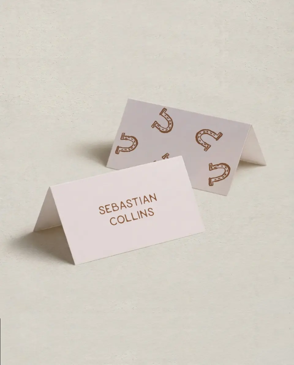 This is a 3½" x 2" Folded Wedding Place Card called Western Whimsy printed in full color on Premium Smooth paper