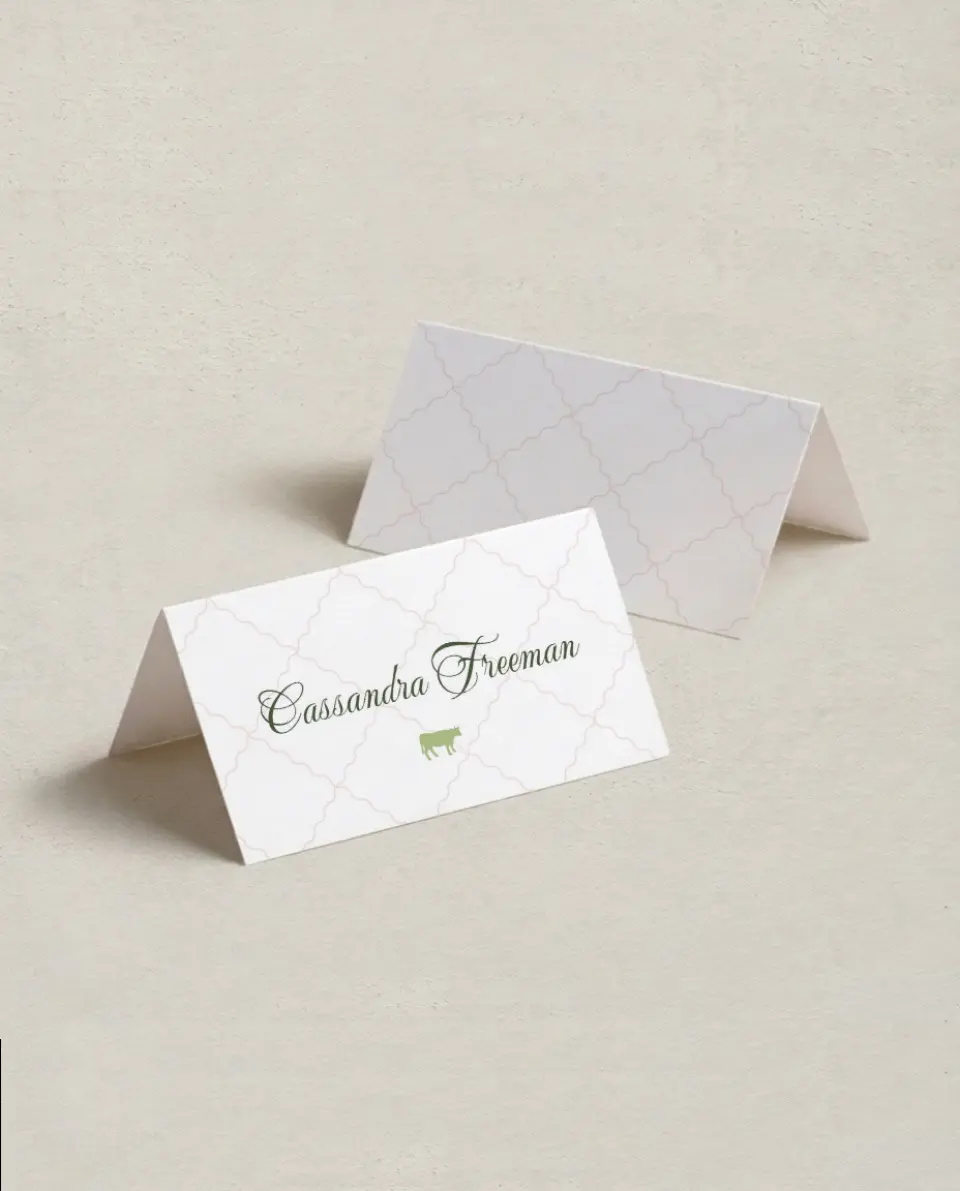 This is a 3½" x 2" Folded Wedding Place Card called Palm Paradise printed in full color on Premium Smooth paper