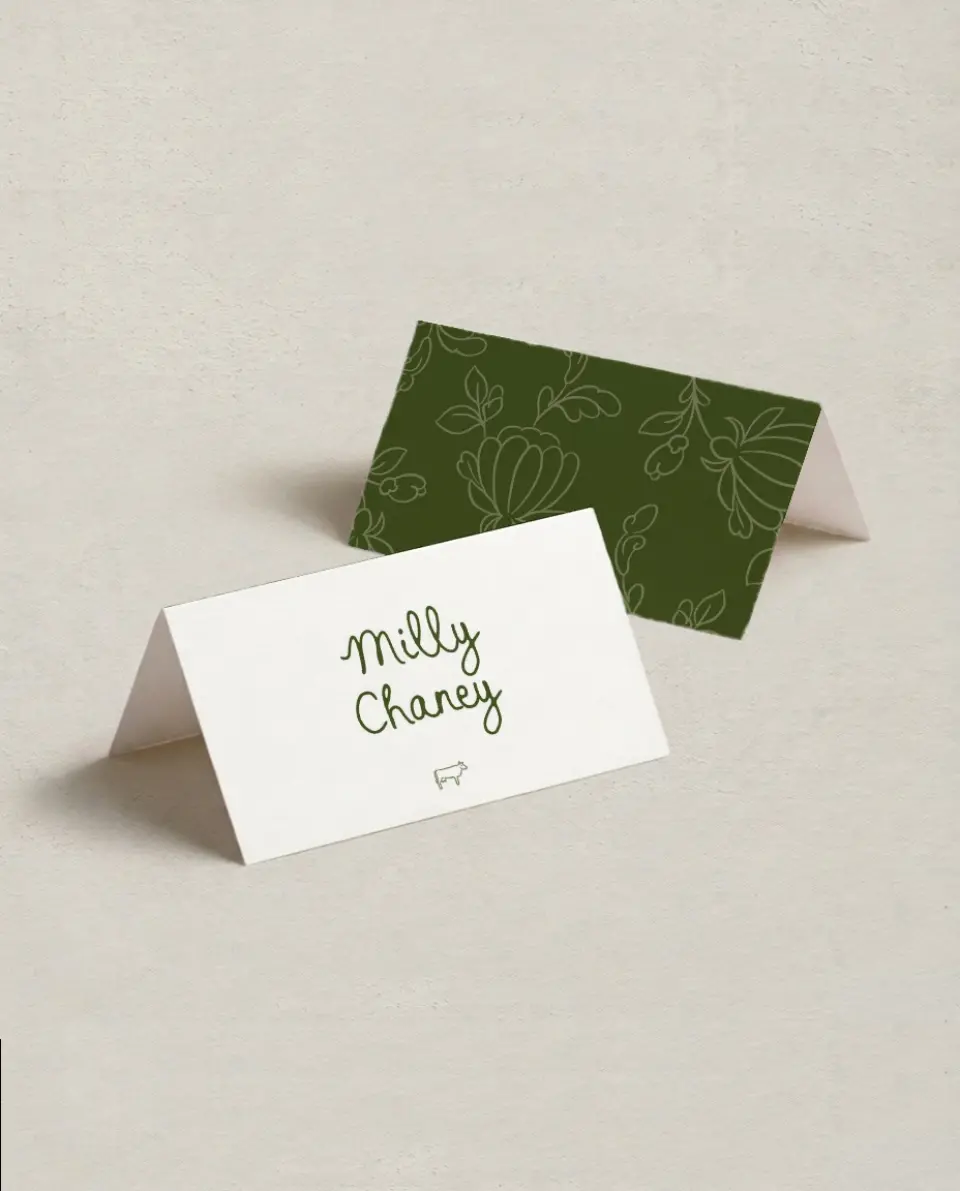 This is a 3½" x 2" Folded Wedding Place Card called Evergreen Elegance printed in full color on Premium Smooth paper