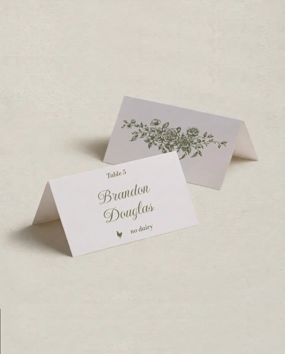 This is a 3½" x 2" Folded Wedding Place Card called Meadow of Merriment printed in full color on Premium Smooth paper