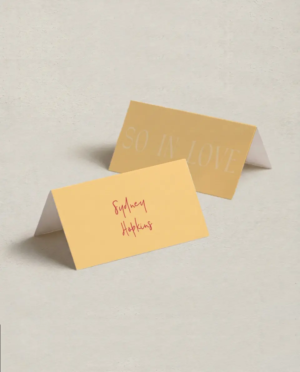 This is a 3½" x 2" Folded Wedding Place Card called Lovey-Dovey printed in full color on Premium Smooth paper