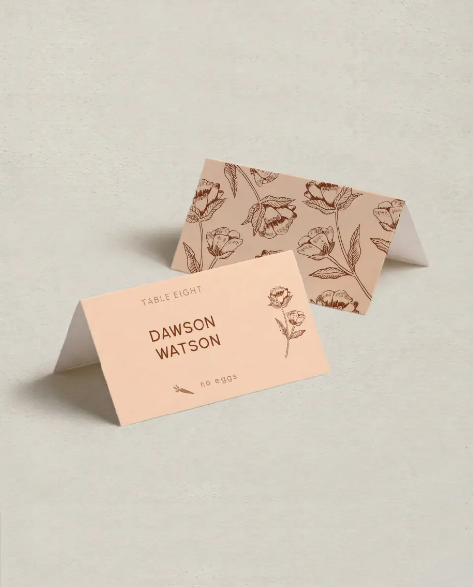 This is a 3½" x 2" Folded Wedding Place Card called Agrestal printed in full color on Premium Smooth paper