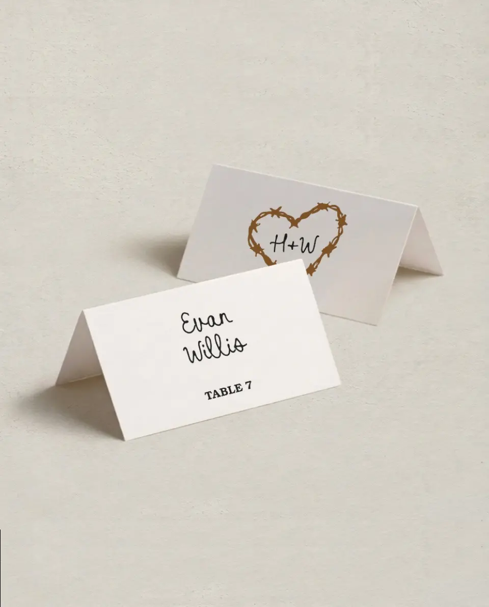 This is a 3½" x 2" Folded Wedding Place Card called Head Over Boots printed in full color on Premium Smooth paper
