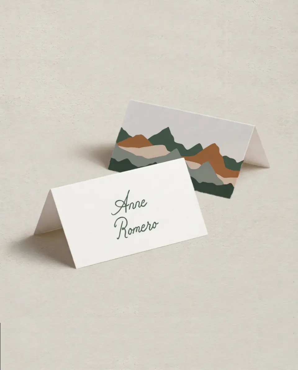 This is a 3½" x 2" Folded Wedding Place Card called Elevated Adventures printed in full color on Premium Smooth paper