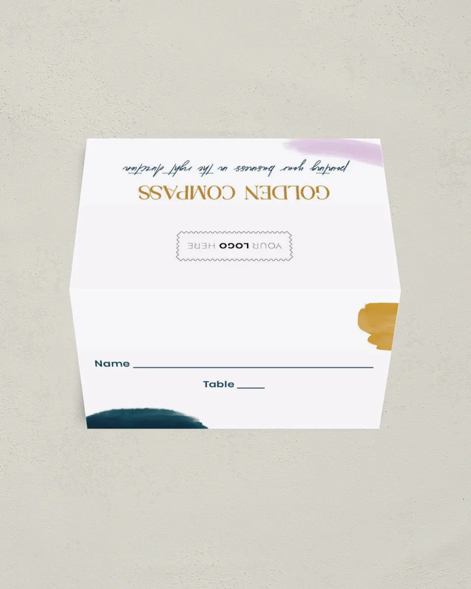 This is a 3½" x 2" Folded Gala Place Card called Cordially Colorful printed in full color on Premium Smooth paper