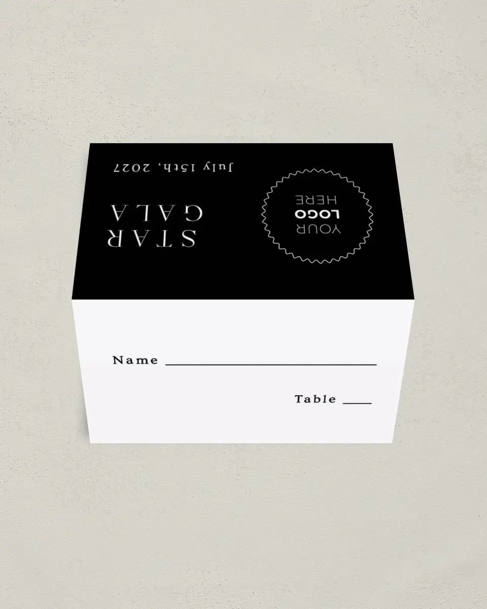 This is a 3½" x 2" Folded Gala Place Card called Starlight Gala printed in full color on Premium Smooth paper