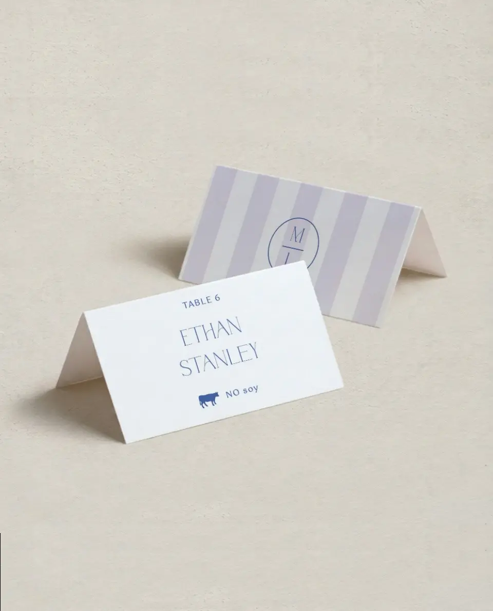 This is a 3½" x 2" Folded Wedding Place Card called The Mila printed in full color on Premium Smooth paper