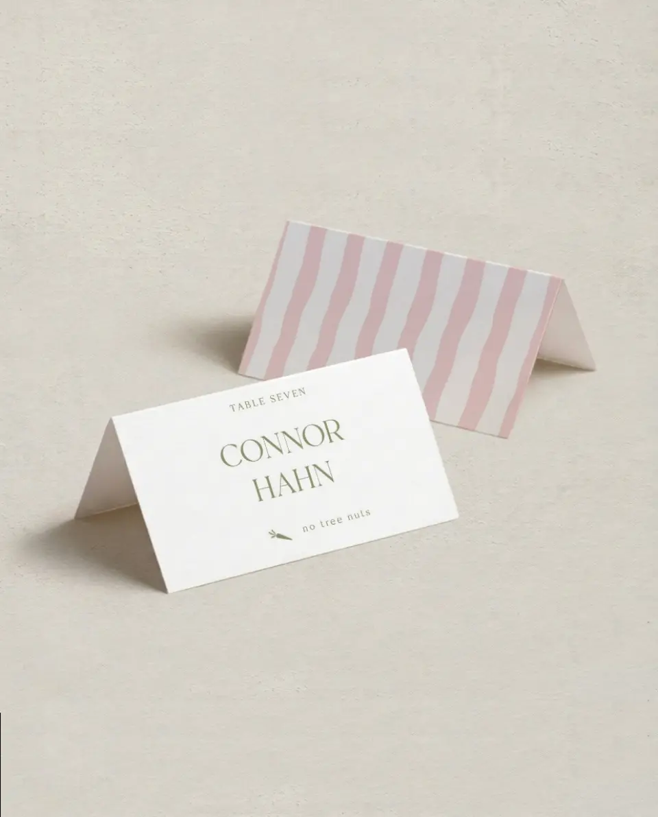 This is a 3½" x 2" Folded Wedding Place Card called The Jolene printed in full color on Premium Smooth paper