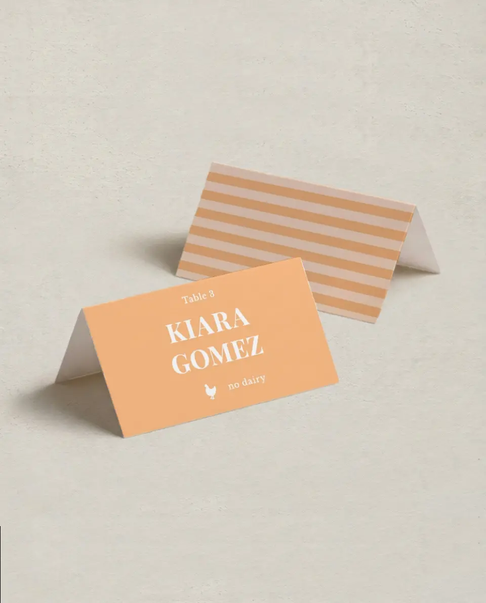 This is a 3½" x 2" Folded Wedding Place Card called The Jess printed in full color on Premium Smooth paper